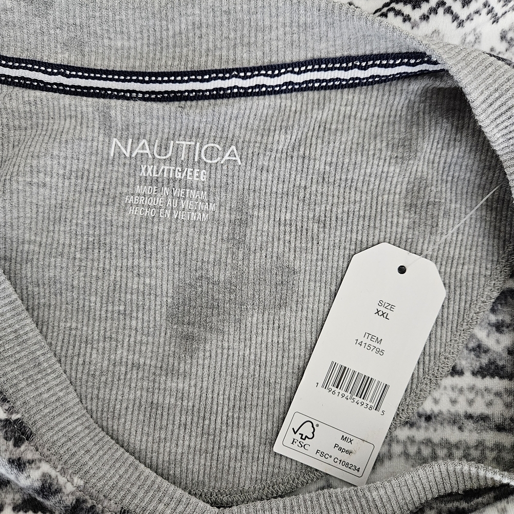 Nautica Silky Fleece Pajama Top Gray Fair Isle Long Sleeve V Neck 2XL - Picture 7 of 10